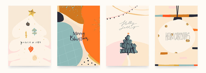 Trendy set of winter holidays greeting cards. Contemporary modern hand drawn vector illustration. 