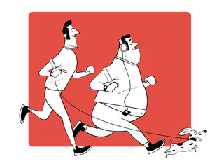 Healthy lifestyle, active life, sport. Two smiling runners and a small dog. Morning run in park. Retro illustration in sketch style.
