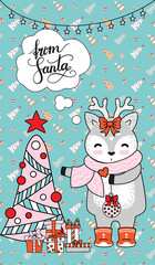 Greeting card, Christmas card with deer, christmas tree and gifts