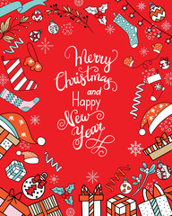 Greeting card, Christmas card with christmas hats, balls and gifts