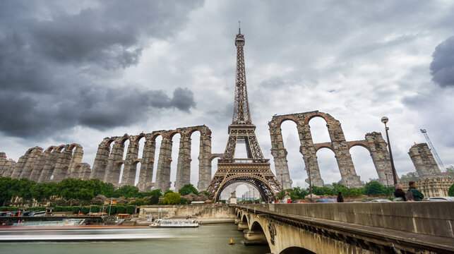 Photo montage of Eiffel tower and antique roman aqueduct