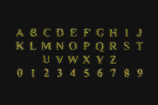Decorative capital aphabet and numbers, christmas font mockup set darkness