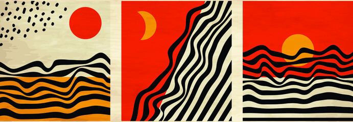 Mid century minimalist wavy retro art with abstract landscapes, sun and moon. Vintage posters, illustrations with lines and shapes for wall art, posters, cards, brochure design.