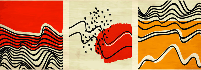 Mid century minimalist wavy retro art with abstract landscapes, sun and moon. Vintage posters, illustrations with lines and shapes for wall art, posters, cards, brochure design. © irur