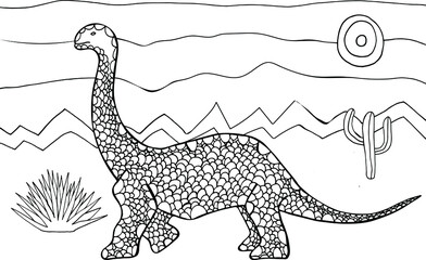 Diplodocus vector illustration. Coloring page with fantastic dinosaur in wild landscape. Cute ornaments for children and adults.