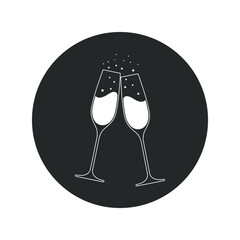 Clink glasses champagne graphic icon. Cheers with two champagne glasses sign in the circle isolated on white background. Vector illustration