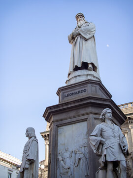 Leonardo da Vinci monument by Pietro Magni at Piazza della Scala, Milan, Italy