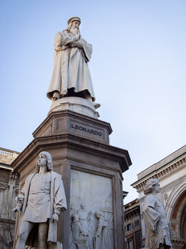 Leonardo da Vinci monument by Pietro Magni at Piazza della Scala, Milan, Italy