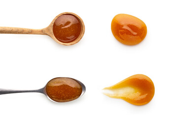 Sweet jam in spoons isolated on white background, set, top view