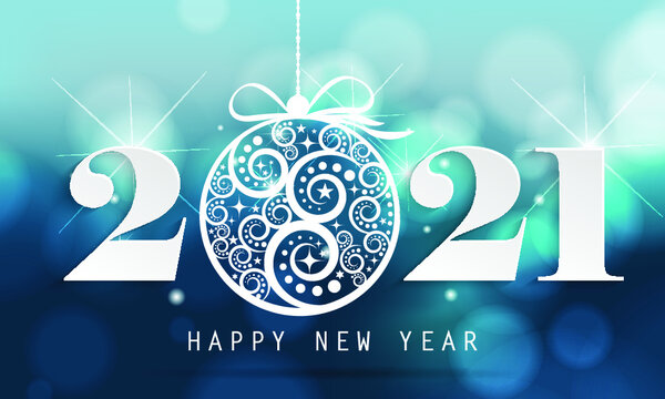 Happy New Year 2021 With Beautiful Chrisma Ball On Blue Background. Illustration For Brochure, Postcard, Invitation Card.