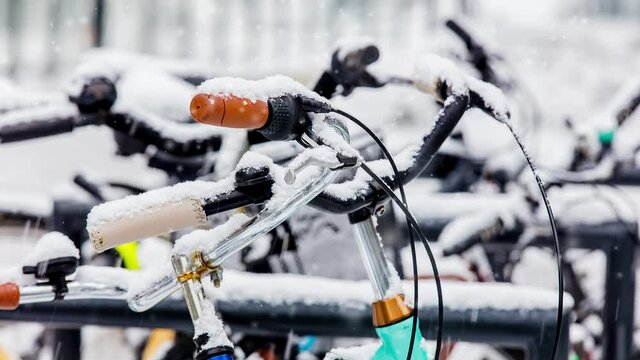 bike in snow after high snowfall in Europe.
