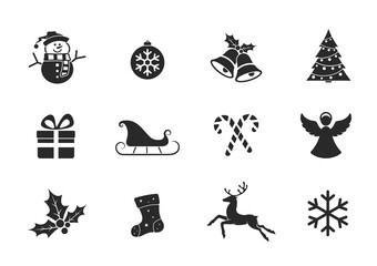 Christmas icon set. christmas ball and bells, mistletoe, gift, angel and deer, snowman, and snowflake icons