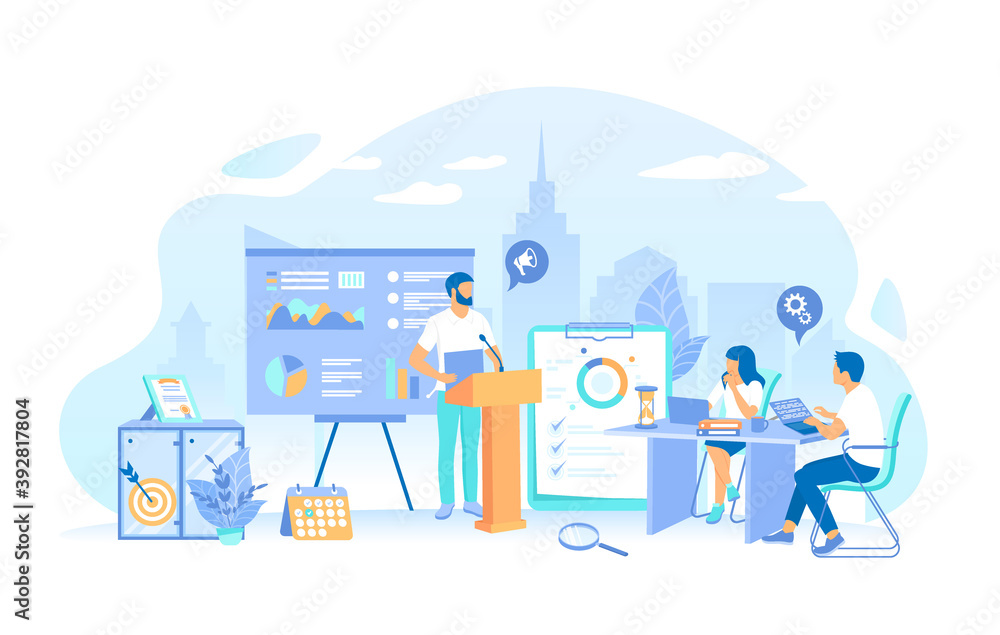 Poster man makes a report in front of a team. business data reporting, consulting, analytics, credit report