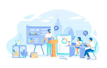 Man makes a report in front of a team. Business data reporting, consulting, analytics, credit report, accounting. Working process, teamwork communication. Vector illustration flat style.