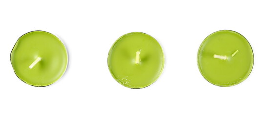 Green tea light candle set, collection isolated on white background, top view