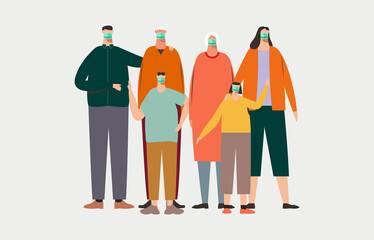 Family wearing protective medical mask for preventing virus Covid-19. Grandpa Grandma Dad Mom Daughter Son  wearing a surgical mask. Flat vector illustration. 