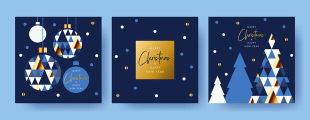 Merry Christmas and Happy New Year Set of greeting cards, posters, holiday covers. Modern Xmas design with triangle firs pattern in blue, gold, white colors. Christmas tree, ball, decoration elements