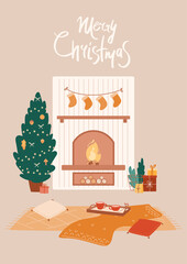 Cozy home interior with fireplace, Christmas tree, decorative garland with socks, gift boxes. Warm evening, blanket, pillows, tray with hot drinks. Greeting New Year card with lettering.