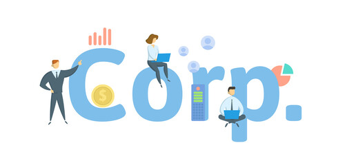 Corp. Corporation. Concept with keywords, people and icons. Flat vector illustration. Isolated on white background.