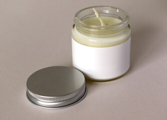 Glass jar packaging with metal lid and white label