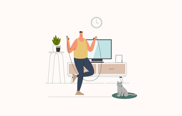 Young man doing skipping rope at home. Home exercising. How to keep fit indoors. Fitness and morning workout in cozy interior. Healthy lifestyle and wellness concept. Flat vector illustration