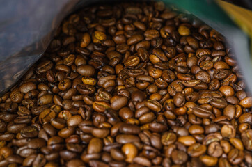 aromatic coffee beans in an open bag
