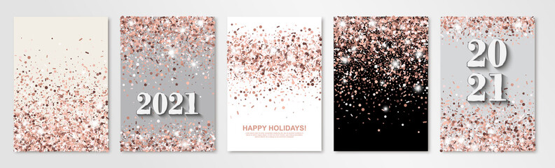 New Year banners set with rose gold confetti and 2021 numbers. Vector flyer design templates for holiday invitation cards, business brochure design, certificates. All layered and isolated