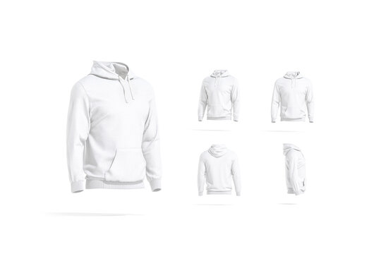 Blank white sport hoodie with hood mockup, different views