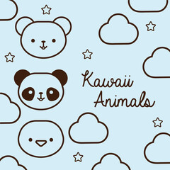 bundle of kawaii animals with clouds and stars line style
