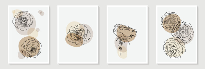 Set of creative minimalist hand draw illustrations floral outline pastel biege simple shape for wall decoration, postcard or brochure cover design