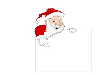 Cartoon Santa Claus holding and showing on white board with empty space for messages