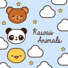 bundle of kawaii animals with clouds and stars line and fill style