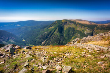 Mountain scenery of the Karkonosze Mountains from the top of Sniezka peak, Poland