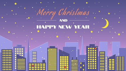 Naklejka premium Merry Christmas and Happy new year illustration. Night city and snowfall, fashionable cutout design. Vector illustration.