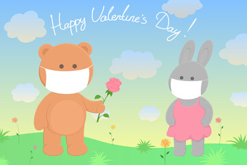 Valentines Day greeting card. Bear in mask give bunny a flower. Vector illustration.