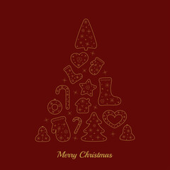 Christmas greeting card design. Composition of Christmas tree with stylized elements such as tree, sock, mitten, heart, star, wreath, bell, house. Vector transparent golden illustration