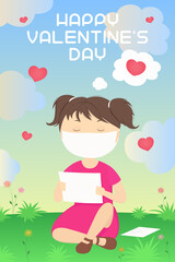Valentine Card. Girl in mask read love letter. Vector illustration.