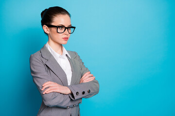 Profile side view portrait of attractive calm classy skilled smart lady employee folded arms...