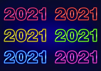 Neon frame. Set of neon numbers 2021. New year 2021. Neon sign. Laser glowing lines on a dark background.