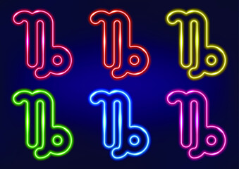 Capricorn zodiac sign, horoscope sign in neon style on dark background. Astrology sign, neon frame. Set of neon zodiac signs in different colors.