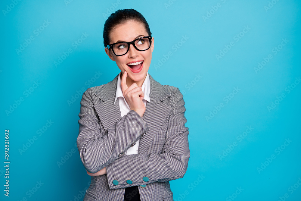 Sticker Portrait of attractive smart brainy cheerful lady creating solution decision brainstorming isolated on bright blue color background