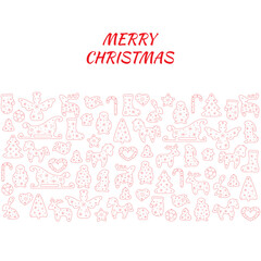 Christmas greeting card design with stylized elements such as deer, hors, tree, rabbit, angel, snowman, sock, mitten, heart, candy, sleigh, bird, star, wreath, bell, house. Vector illustration.