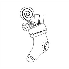 Outline Christmas and New Year minimalistic illustration. Christmas stocking with small toys and candies isolated on white background. Page of children's coloring book