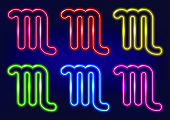 Scorpio zodiac sign, horoscope sign in neon style on dark background. Astrology sign, neon frame. Set of neon zodiac signs in different colors.