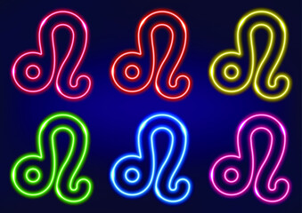 Leo zodiac sign, horoscope sign in neon style on dark background. Astrology sign, neon frame. Set of neon zodiac signs in different colors.