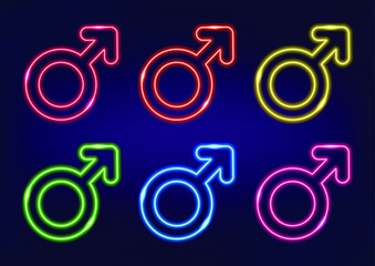 Set of male gender symbols in different colors, neon sign. Mars symbol in neon style. Laser glowing lines on a dark background.
