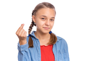 Happy teenage girl showing sign symbol of money by fingers, isolated on white background