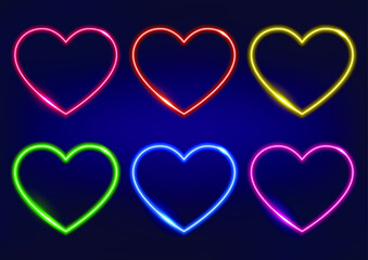 Neon frame. Set of neon hearts in different colors. Laser glowing lines on a black background. Love symbol.