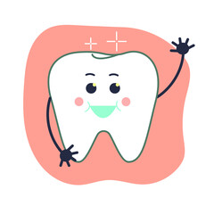 Sweet tooth is smiling and waving. Flat vector illustration. Teeth care concept.