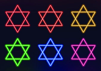 Neon frame. Set of neon stars of david in different colors. Laser glowing lines on a black background.